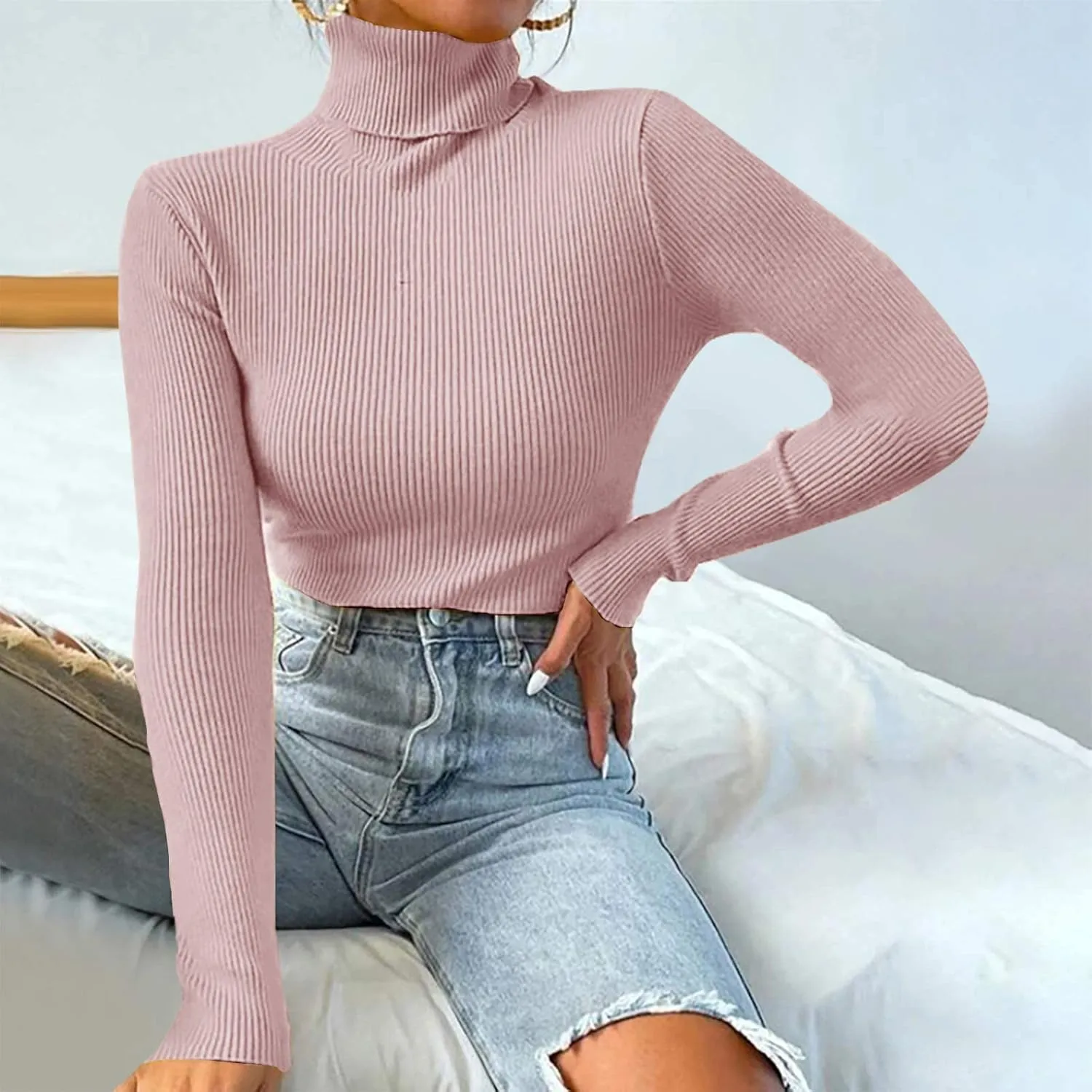 Womens Turtleneck Sweater Long Sleeve Ribbed Knit Sweater Fall Winter Fashion Tops 2024 Casual Trendy Tops Blouse