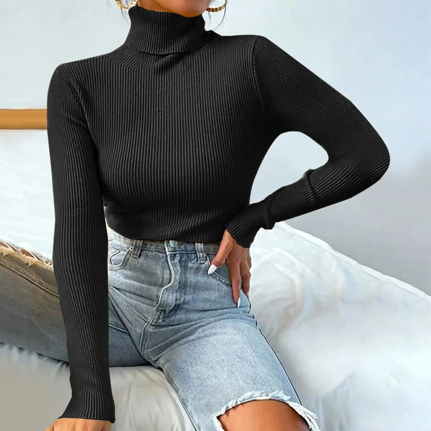 Womens Turtleneck Sweater Long Sleeve Ribbed Knit Sweater Fall Winter Fashion Tops 2024 Casual Trendy Tops Blouse
