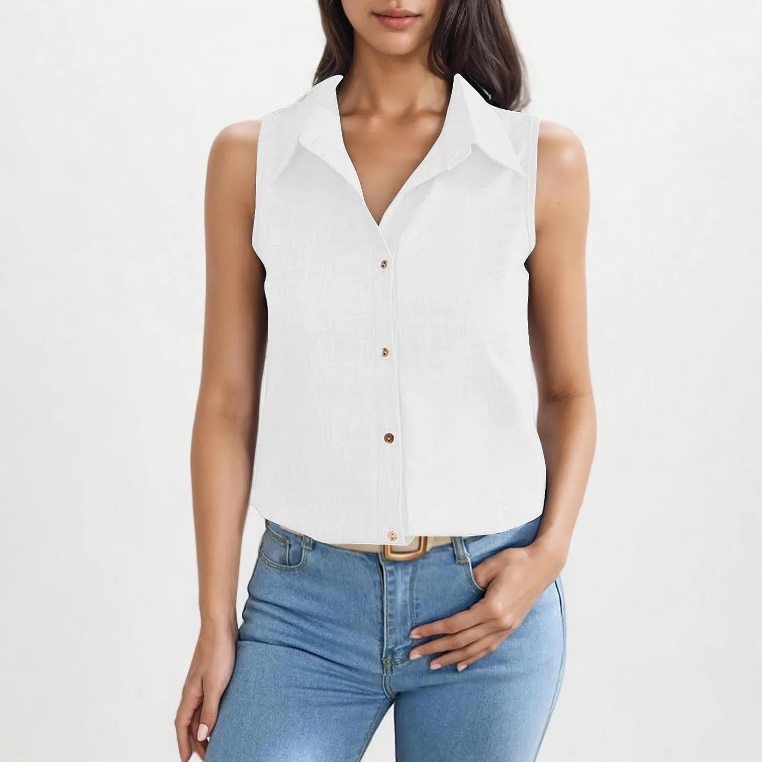 Women's Work Tops Button Down Linen Shirts Sleeveless Summer Blouses Business Casual Tshirts Trendy Tank Tops