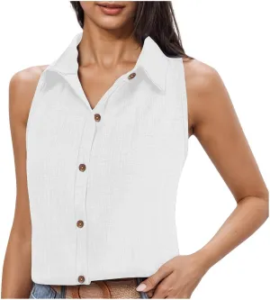 Women's Work Tops Button Down Linen Shirts Sleeveless Summer Blouses Business Casual Tshirts Trendy Tank Tops