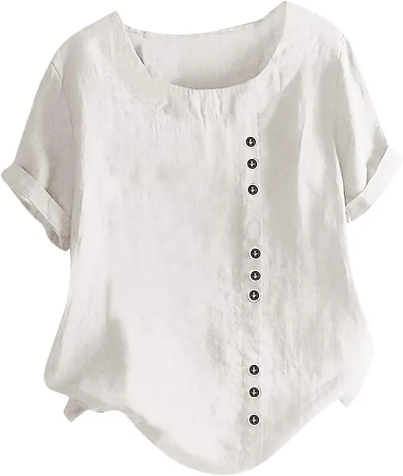 Womens Work Tops Womens Casual Solid Button Top Crewneck Button Tees Linen Plus Size Shirt Loose Short Sleeve Blouse