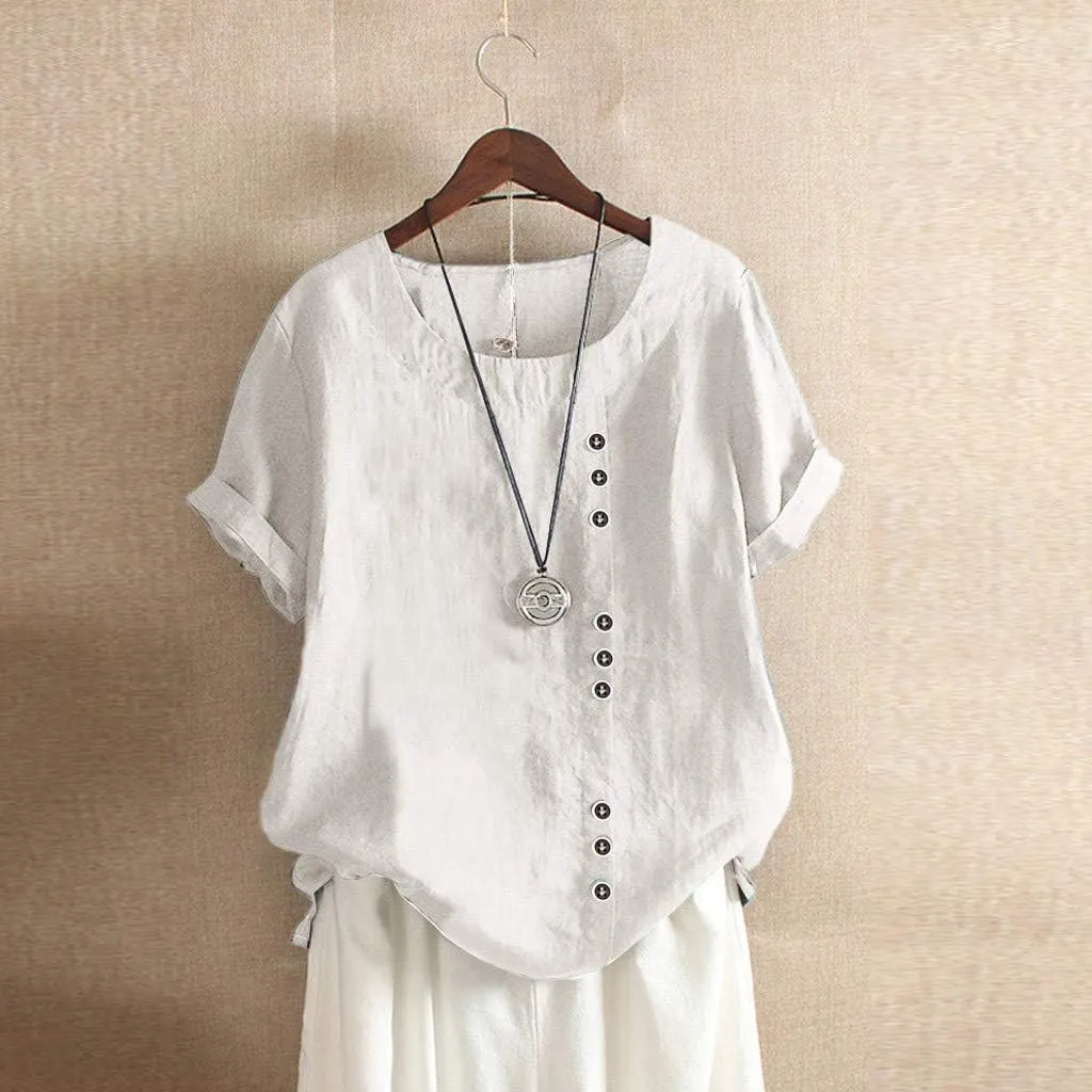 Womens Work Tops Womens Casual Solid Button Top Crewneck Button Tees Linen Plus Size Shirt Loose Short Sleeve Blouse