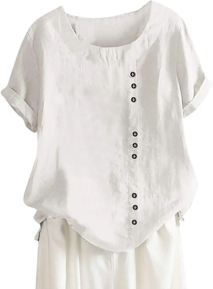 Womens Work Tops Womens Casual Solid Button Top Crewneck Button Tees Linen Plus Size Shirt Loose Short Sleeve Blouse