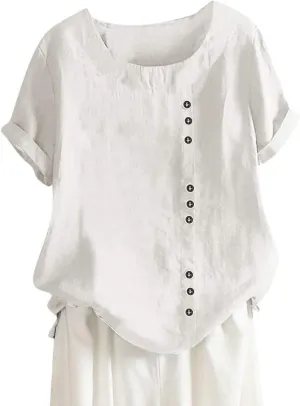 Womens Work Tops Womens Casual Solid Button Top Crewneck Button Tees Linen Plus Size Shirt Loose Short Sleeve Blouse