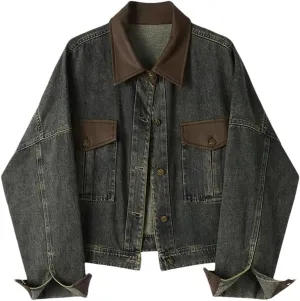 Women's Y2k Buttons Denim Jacket Patchwork Cotton V-Neck Harajuku Denim Jacket