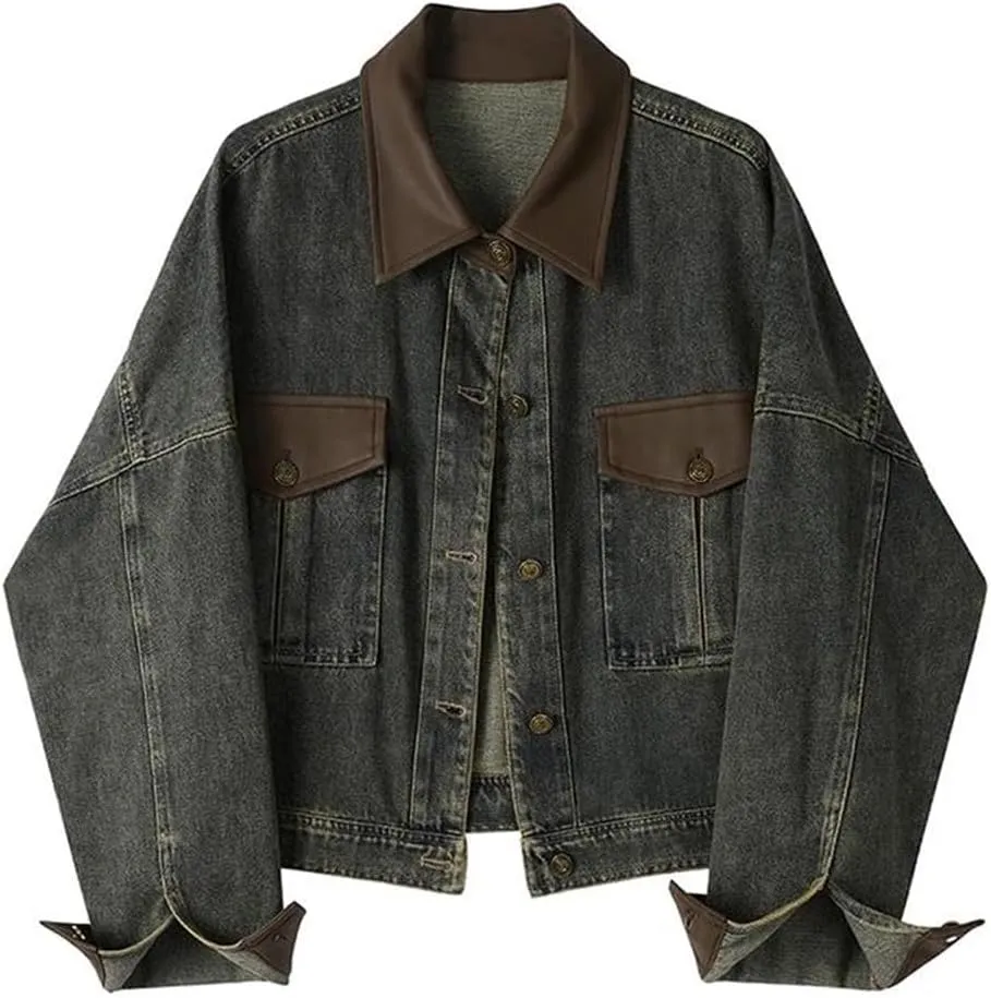 Women's Y2k Buttons Denim Jacket Patchwork Cotton V-Neck Harajuku Denim Jacket
