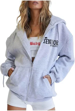 Womens Zip Up Hoodies Fashion Oversized Long Sleeve Drop Shoulder Hooded Jackets Fall Back Funny Letter Print Coats