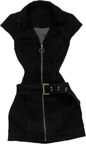 Women's Zipper Front Denim Midi Dresses American Vintage Belted Denim Dresses