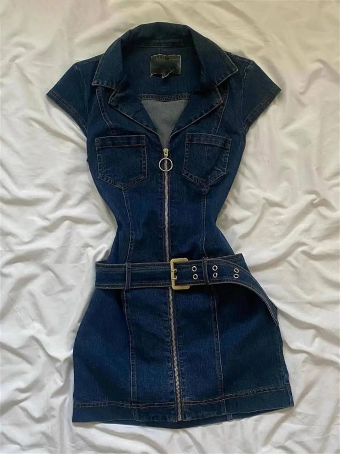 Women's Zipper Front Denim Midi Dresses American Vintage Belted Denim Dresses