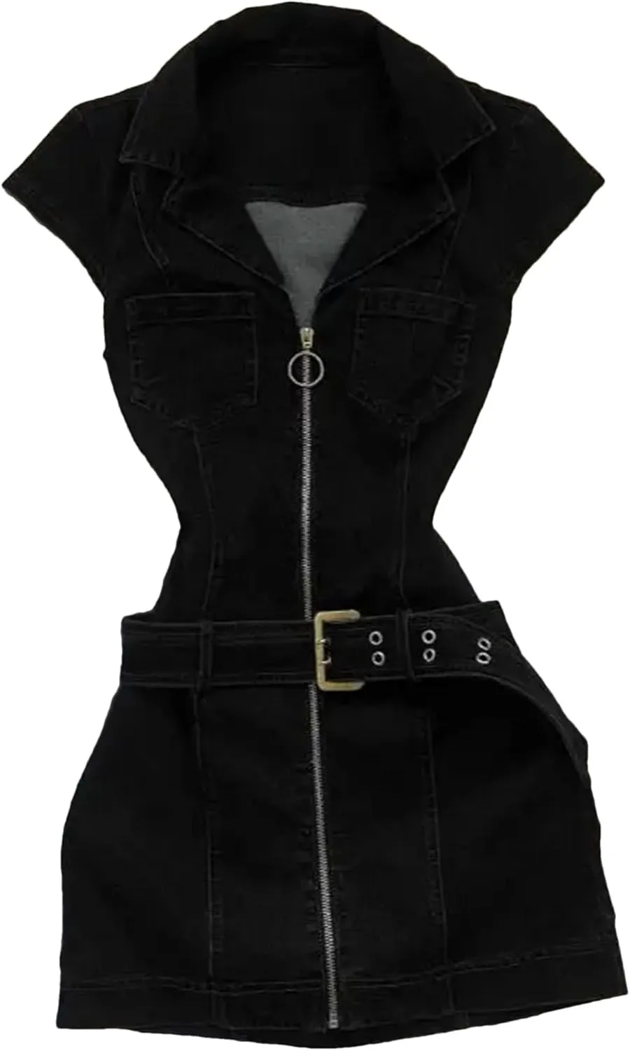 Women's Zipper Front Denim Midi Dresses American Vintage Belted Denim Dresses