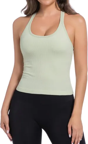 Workout Tank Tops Women Crop Tops with Built in Bra Ribbed Seamless Yoga Racerback Tank Shirts