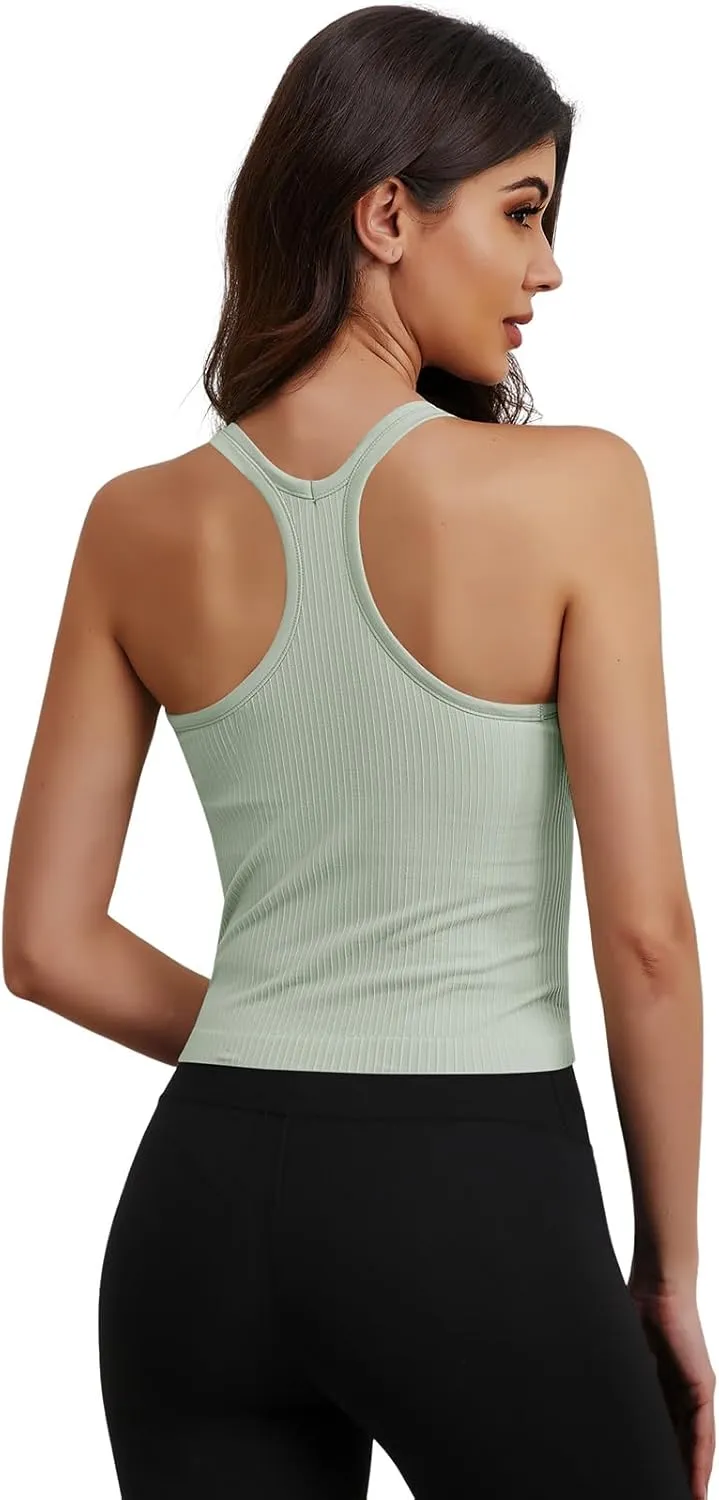 Workout Tank Tops Women Crop Tops with Built in Bra Ribbed Seamless Yoga Racerback Tank Shirts