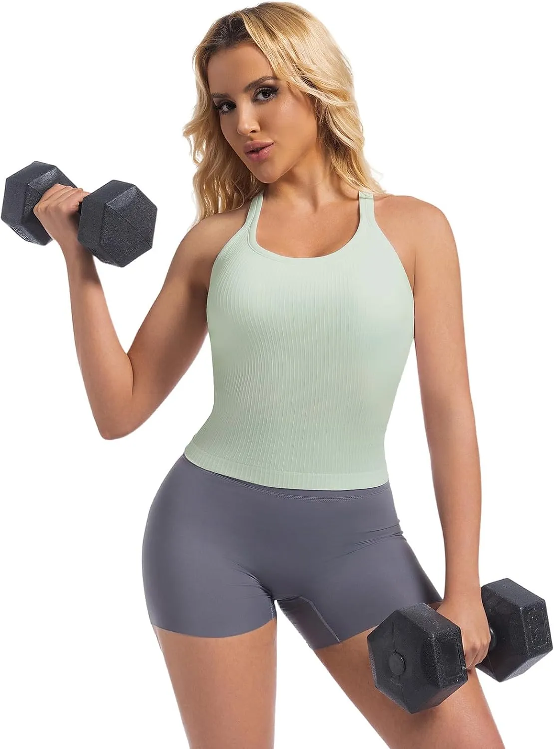 Workout Tank Tops Women Crop Tops with Built in Bra Ribbed Seamless Yoga Racerback Tank Shirts