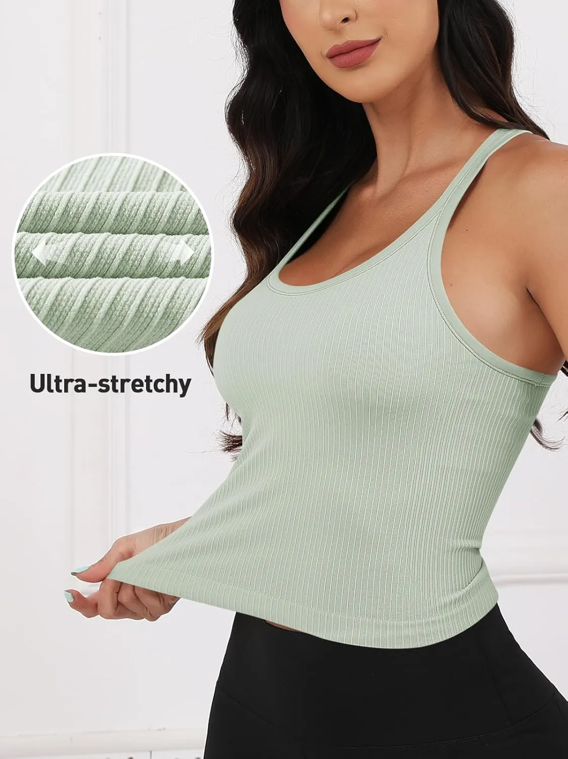 Workout Tank Tops Women Crop Tops with Built in Bra Ribbed Seamless Yoga Racerback Tank Shirts