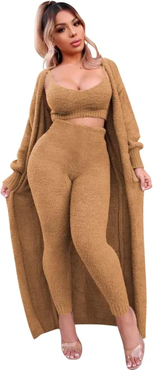 yidengymx Womens Fuzzy 3 Piece Sweatsuit Fleece Open Front Cardigan Crop Tank Tops & Bodycon Long Pants Loungewear Sets for Women, Fall Winter Pajamas Three Piece Knit Tracksuit Outfits Khaki
