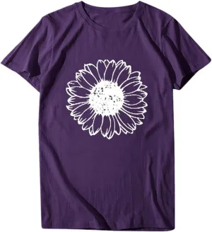 ZEFOTIM Sunflower Tops for Women 2024 Short Sleeve Crewneck Casual Summer Fashion Tops Shirts