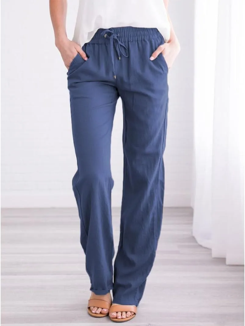 ZOCAVIA Women's Casual Linen Long Pants Drawstring Loose Fit Style Summer Baggy Sports Trousers with Pocke
