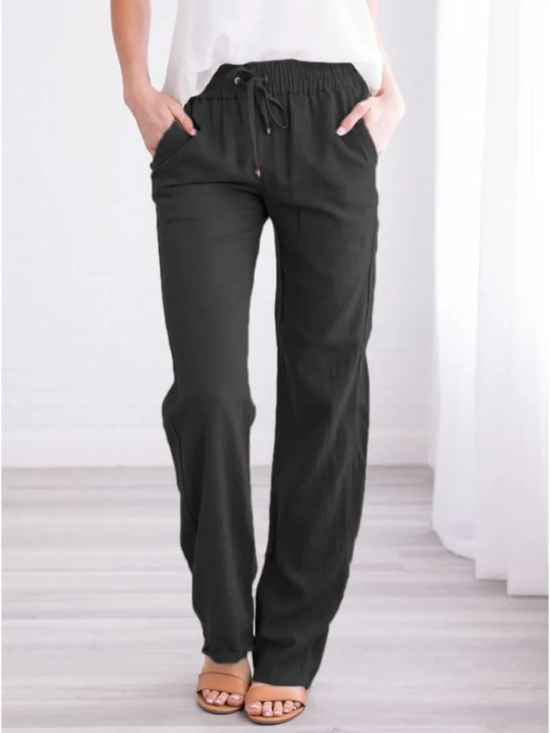 ZOCAVIA Women's Casual Linen Long Pants Drawstring Loose Fit Style Summer Baggy Sports Trousers with Pocke