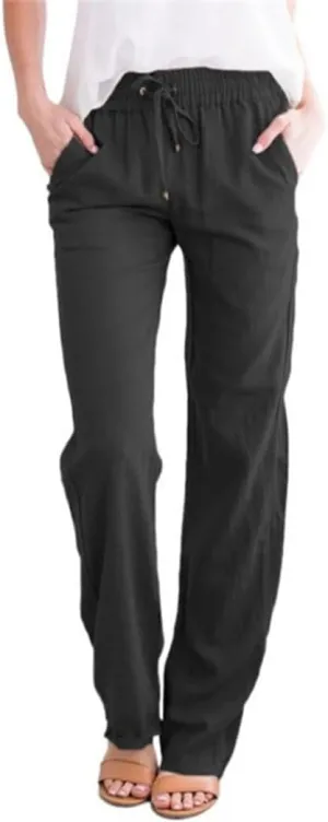ZOCAVIA Women's Casual Linen Long Pants Drawstring Loose Fit Style Summer Baggy Sports Trousers with Pocke