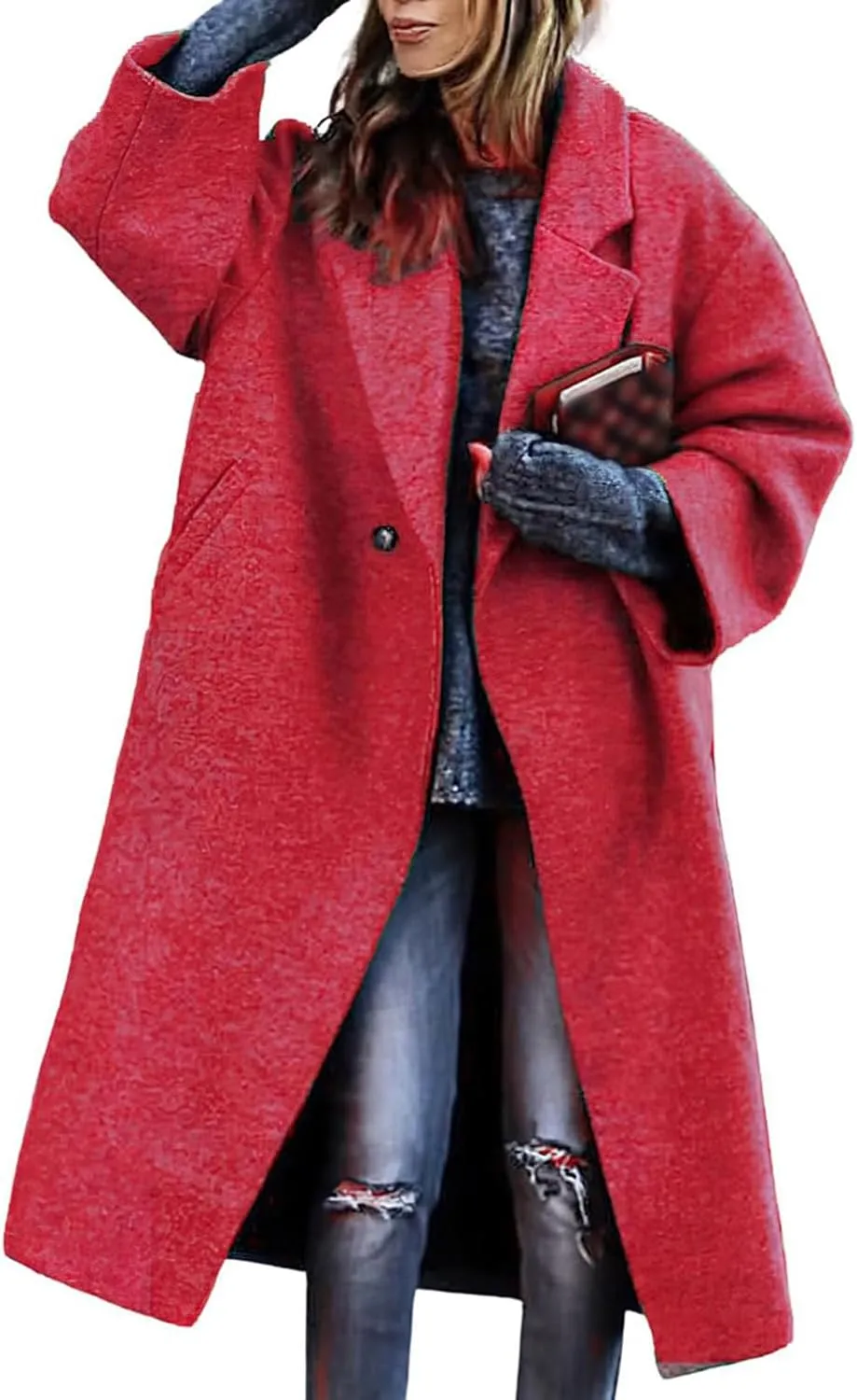ZWRXW Oversized Wool Blend Coat for Women Notched Collar Single Breast Midi Long Trench Coat Winter Fashion Solid Overcoat