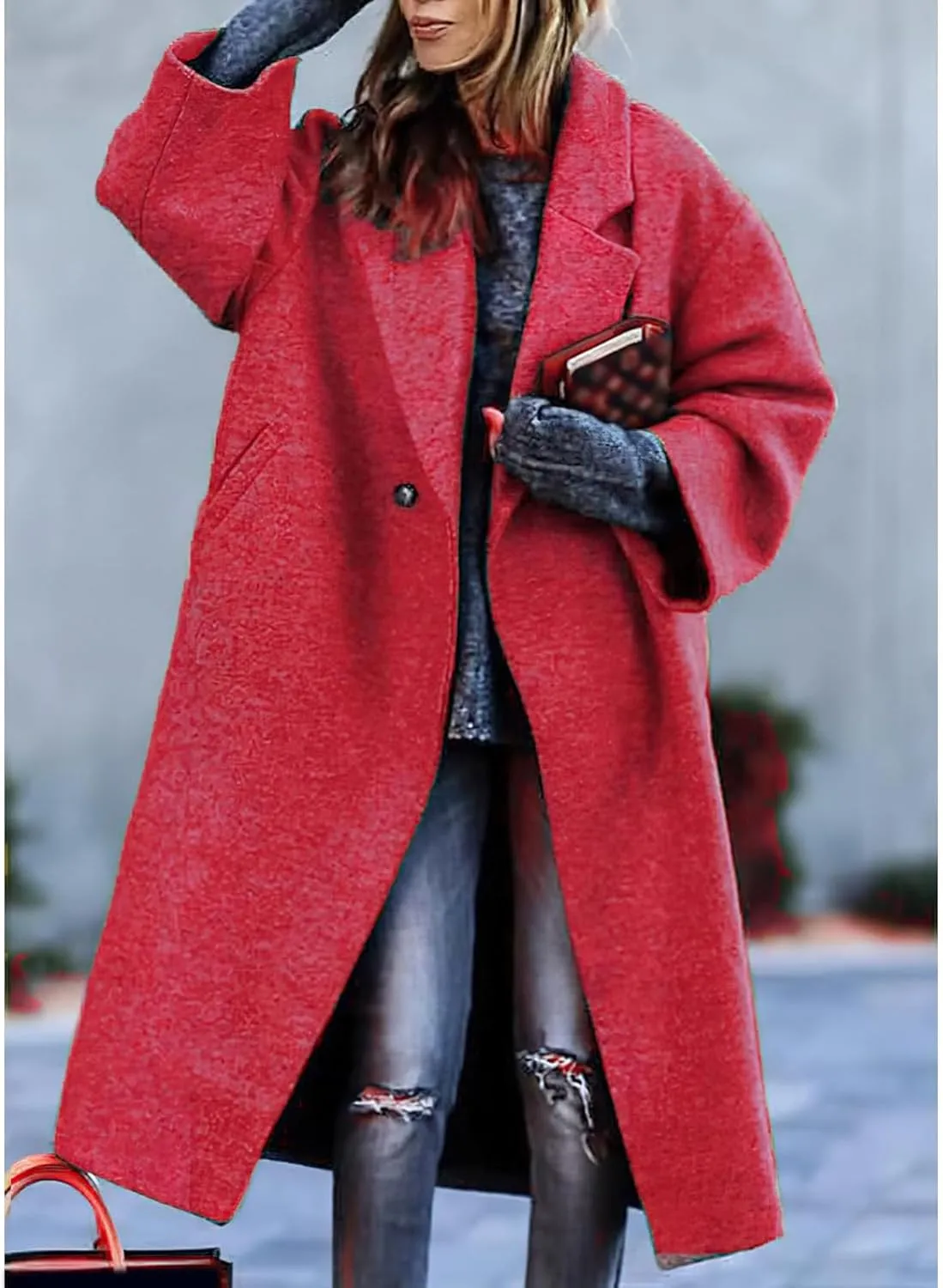 ZWRXW Oversized Wool Blend Coat for Women Notched Collar Single Breast Midi Long Trench Coat Winter Fashion Solid Overcoat