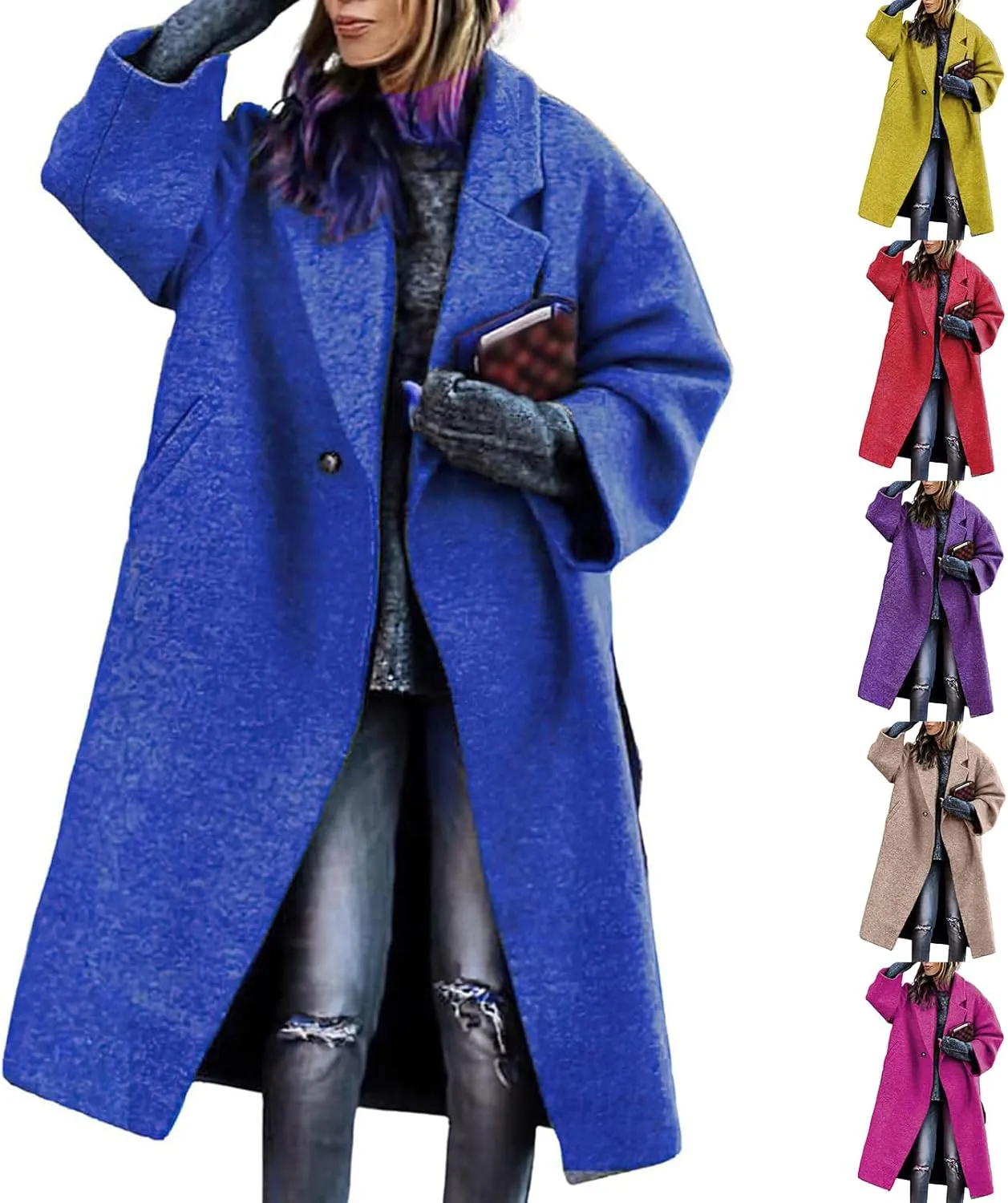 ZWRXW Oversized Wool Blend Coat for Women Notched Collar Single Breast Midi Long Trench Coat Winter Fashion Solid Overcoat