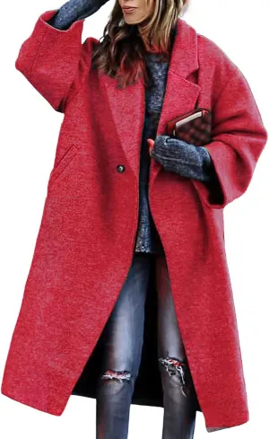 ZWRXW Oversized Wool Blend Coat for Women Notched Collar Single Breast Midi Long Trench Coat Winter Fashion Solid Overcoat