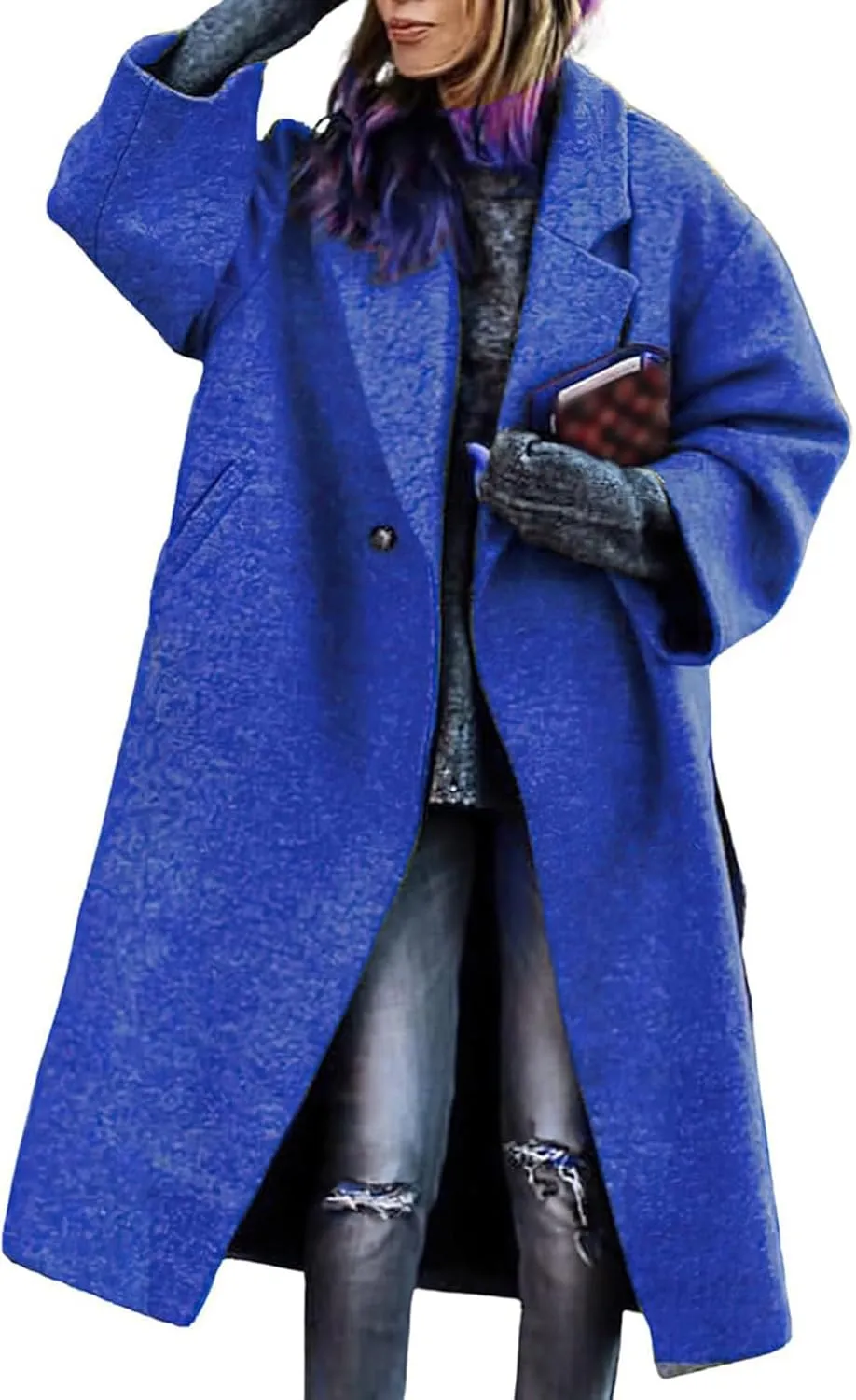 ZWRXW Oversized Wool Blend Coat for Women Notched Collar Single Breast Midi Long Trench Coat Winter Fashion Solid Overcoat
