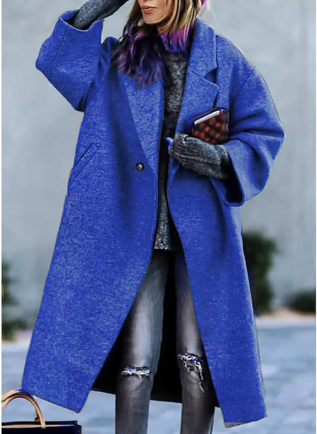 ZWRXW Oversized Wool Blend Coat for Women Notched Collar Single Breast Midi Long Trench Coat Winter Fashion Solid Overcoat