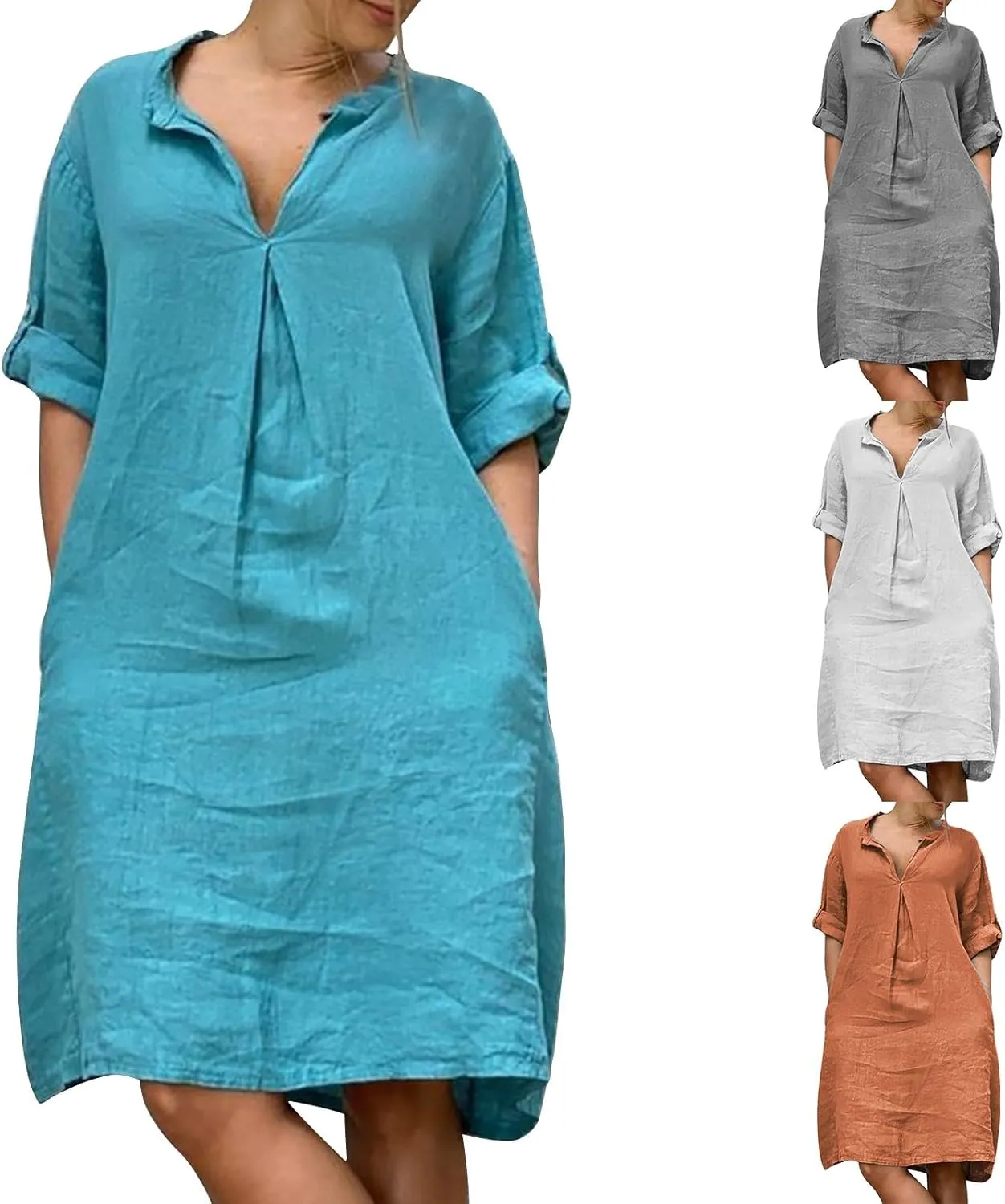 ZYXTIM Linen Dresses for Women 2025 Oversize Short Sleeve V Neck Casual Summer Dress Loose Lightweight Loungewear with Pocket